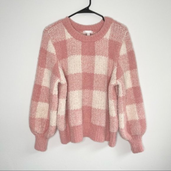 LC Lauren Conrad Sweaters - LC Lauren Conrad Pink White Plaid Fuzzy Chunky Pullover Sweater Womens Size L